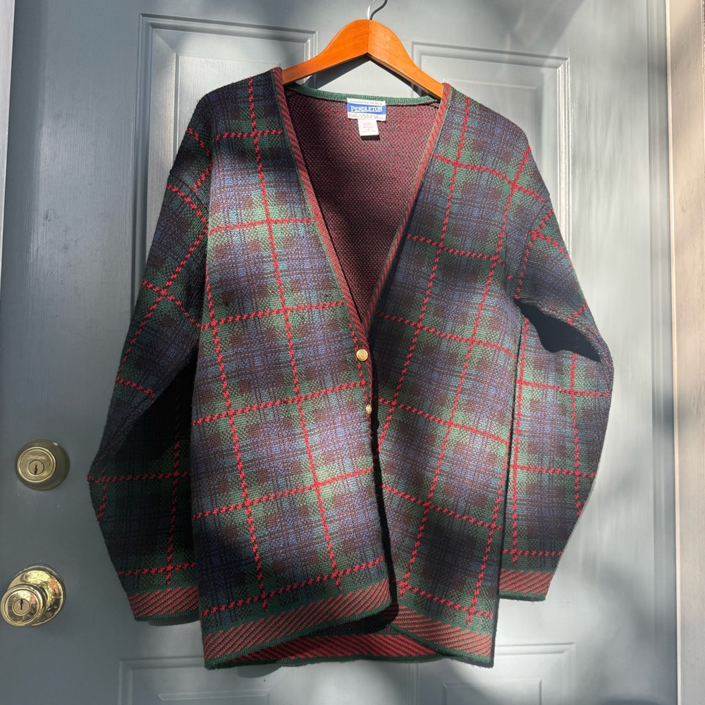 Vintage Pendleton Plaid Wool Cardigan - Green, Navy & Red